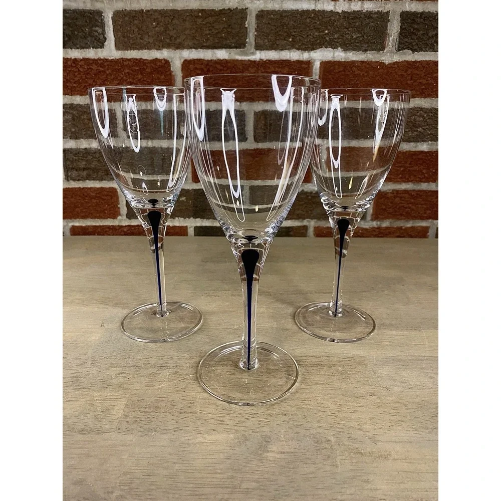 3 PIER 1 Hand-Blown Clear Water Wine Glasses Blue Tear Drop Stem Accent 8 5/8